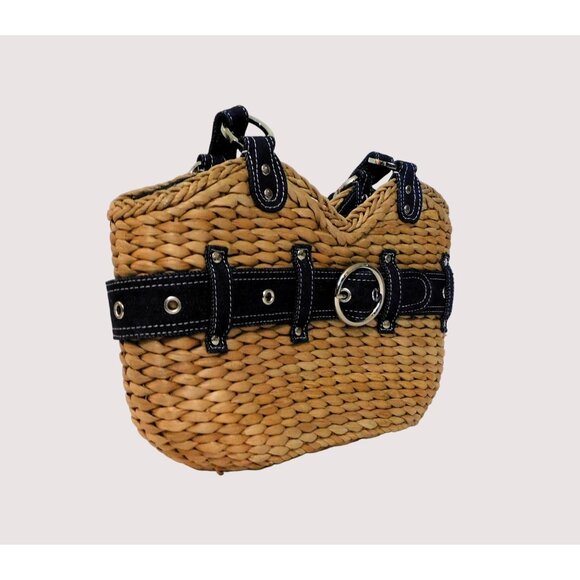 Randolph Duke The Look Straw Shoulder Bag Denim Belt Accents Blue Tan Purse - Picture 4 of 8